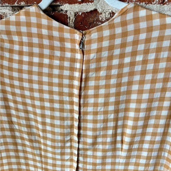 Vintage handmade tan & white gingham dress with pleated skirt, no tag, fits S-M - Picture 6 of 7